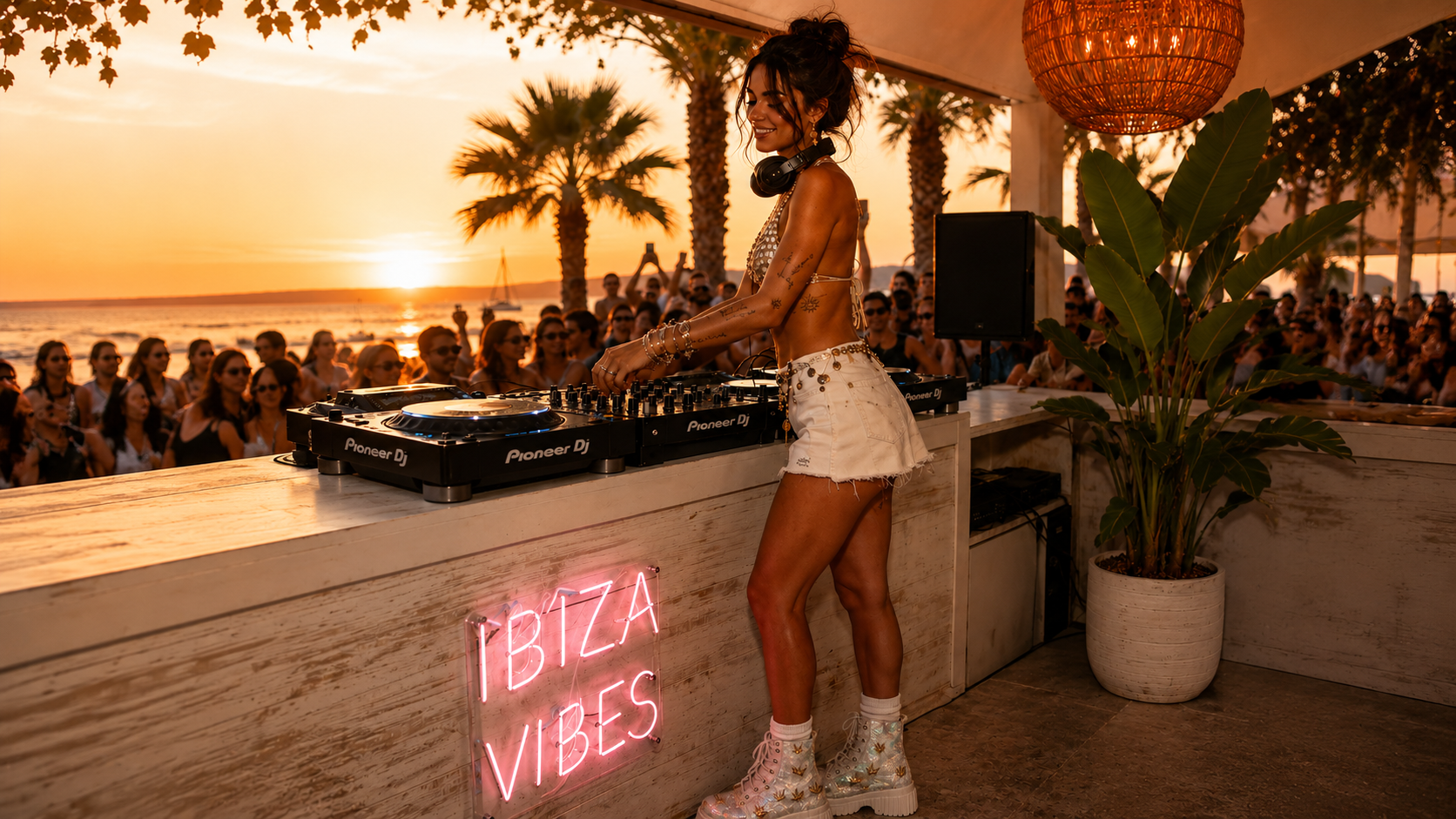 A female DJ is performing at an outdoor beach party during sunset, with a crowd of people in the background. The DJ is wearing a silver top, white shorts, and silver shoes, with headphones around her neck. There is a neon sign on the bar that reads 'IBIZA VIBES'.Palm trees and a sunset over the ocean are visible in the background.