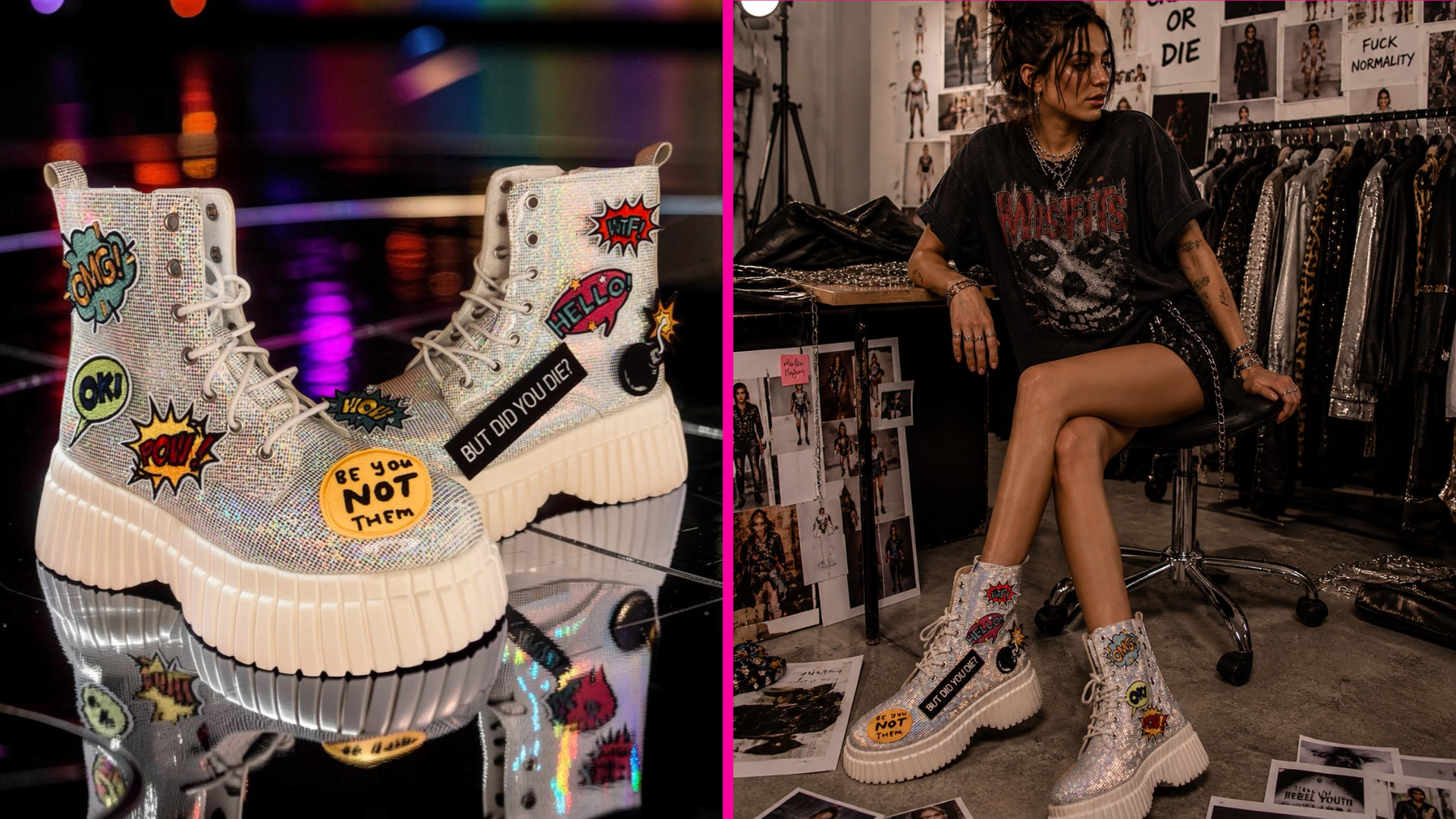 pair of iridescent high-top sneakers decorated with colorful comic-style patches including words like "OMG!", "HELLO!", "POW!", and "BE YOU NOT THEM", placed on a reflective surface. In the background, a woman with tattoos and jewelry sits in a clothing store surrounded by fashion posters, racks of clothing, and photographs.