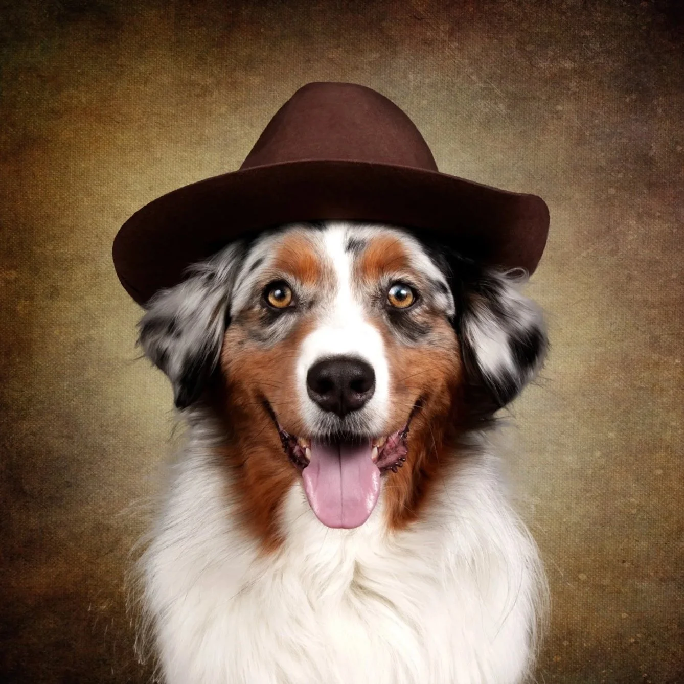 Australian Shepherd Hund trägt einen braunen Filzhut vor einem braun-goldenen Hintergrund.