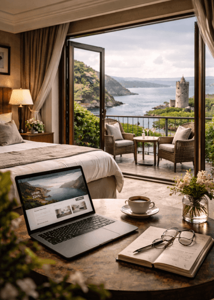 Ocean view bedroom with open balcony and hotel digital marketing report
