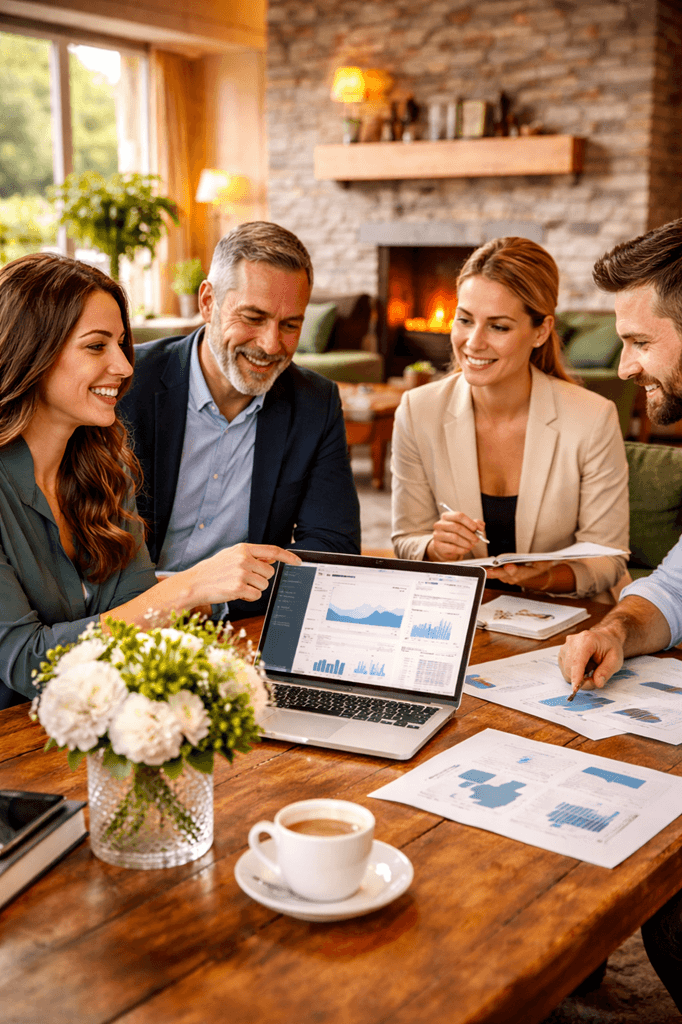 Hotel team review digital marketing strategy and report meeting