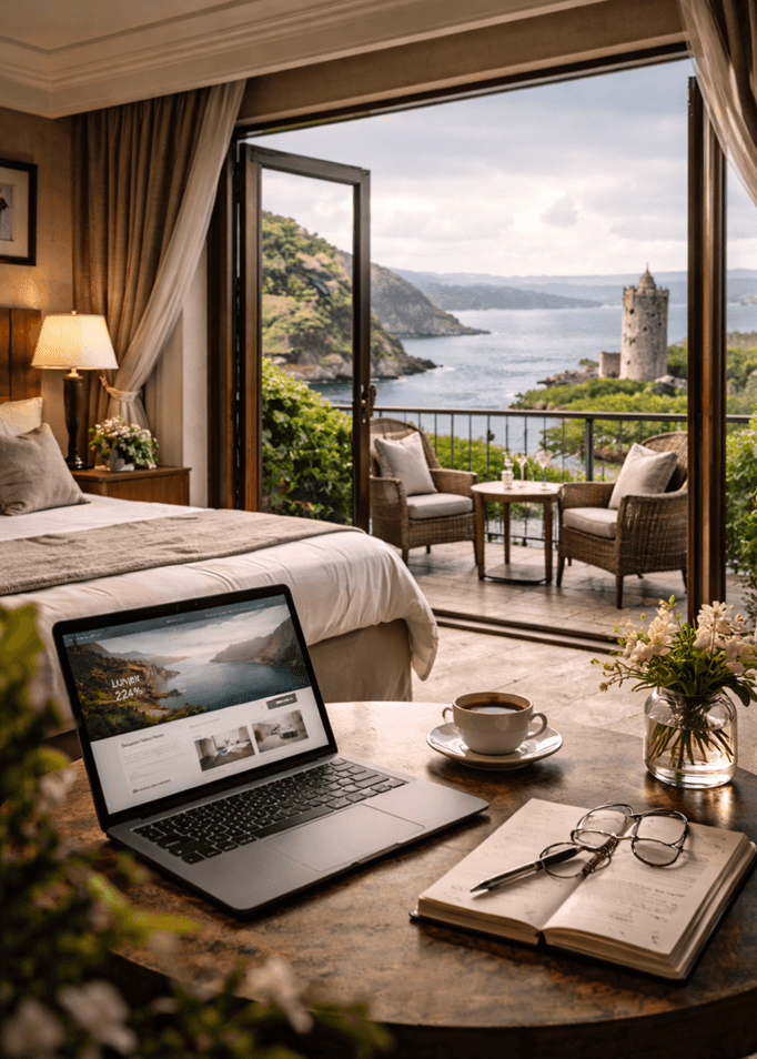 A hotel room with a large open window with laptop of digital marketing report