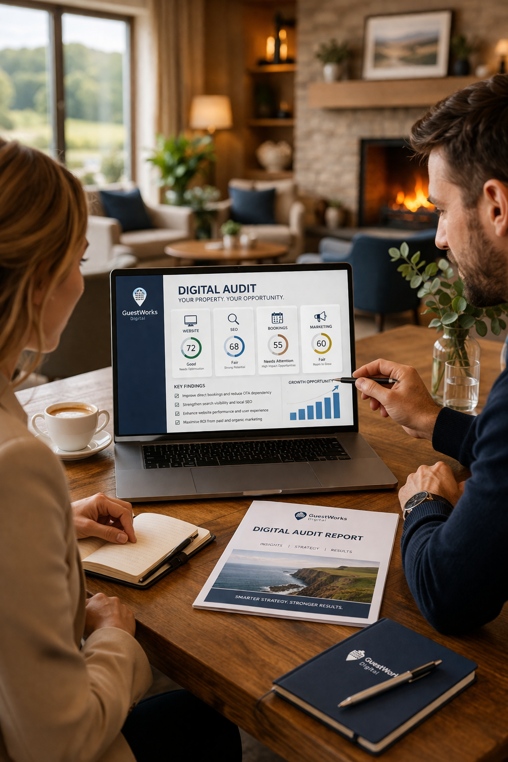 People reviewing a digital hotel audit report displayed on a laptop in a cozy living room with a fireplace.