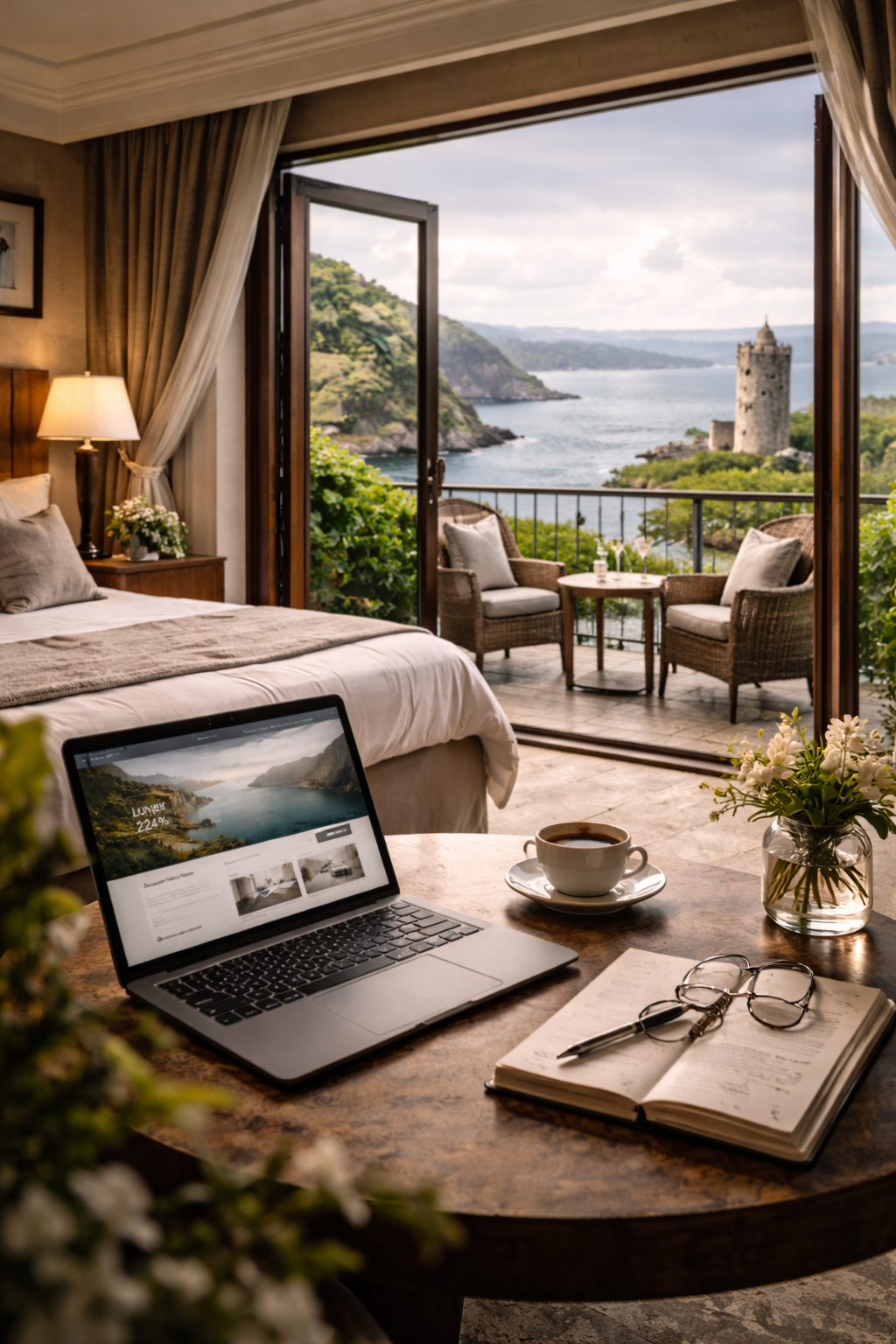 Luxury Irish hotel exterior at sunset with digital marketing report