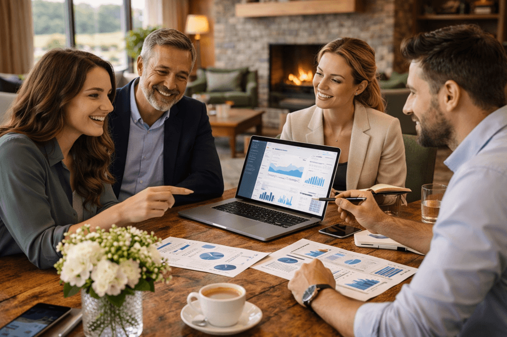 Hotel team review digital marketing strategy and report meeting