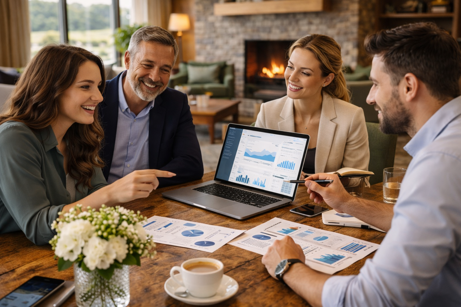 A group of five professionals reviewing hotel digital performance and analytics