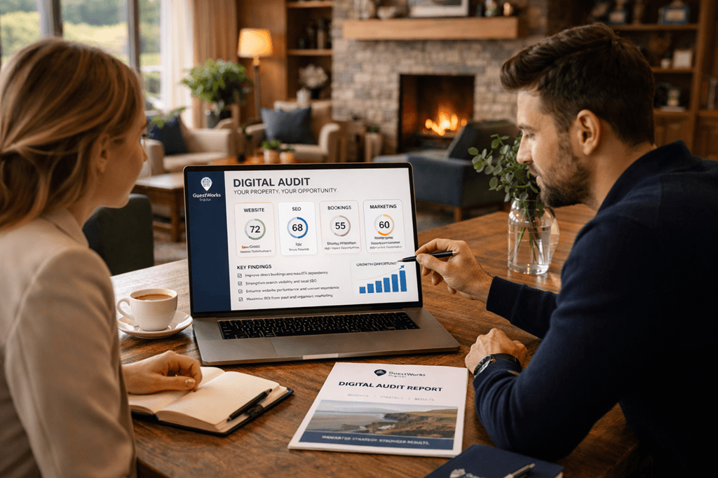 Two people review a hotel digital marketing audit report