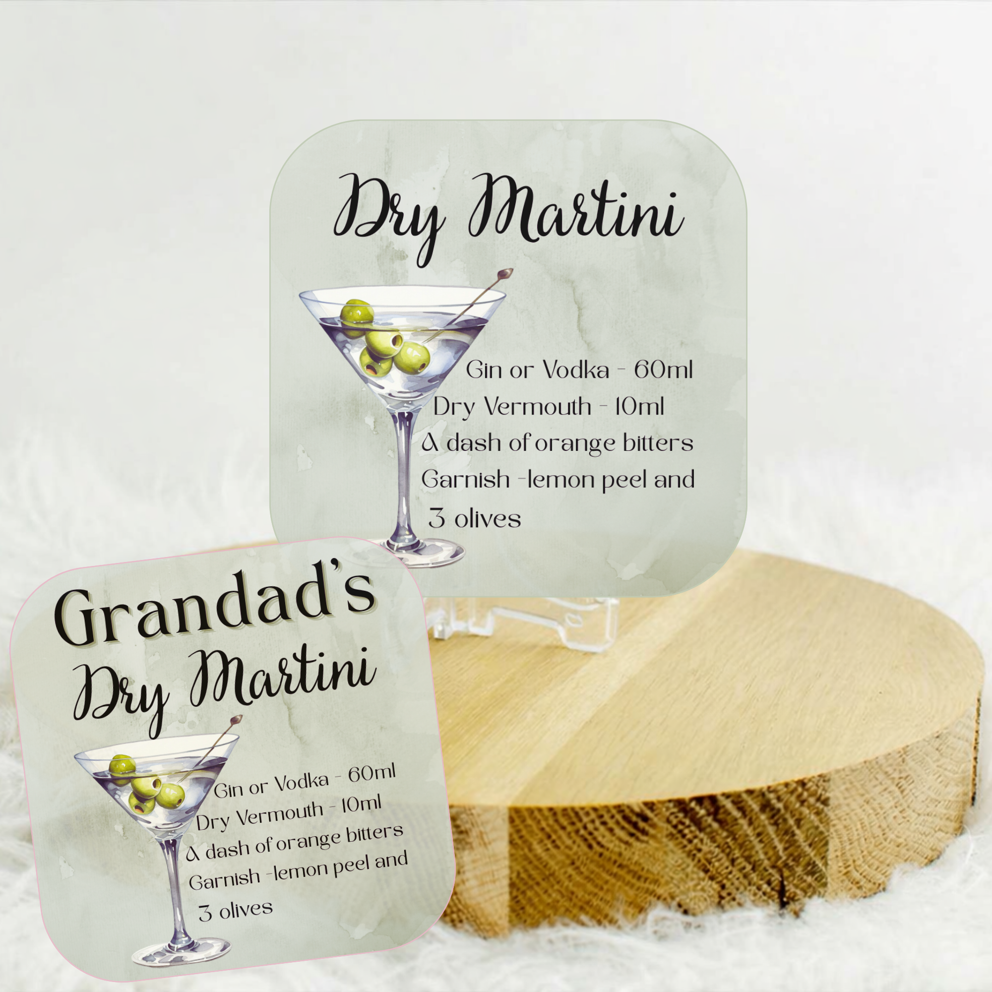 Dry Martini Coaster – Classic Cocktail Recipe Coaster with Optional Personalisation