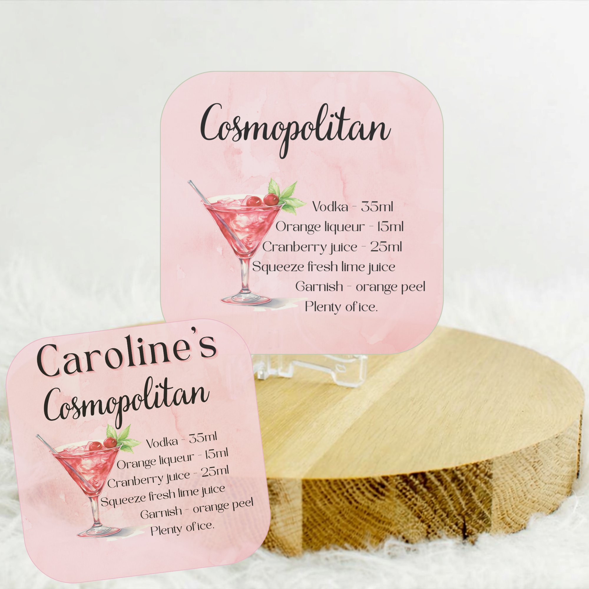 Cosmopolitan Coaster – Cosmo Cocktail Recipe Coaster with Optional Personalisation