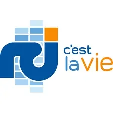 Logo de l'émission 'C'est la vie' avec un symbole stylisé et le texte en bleu et orange.