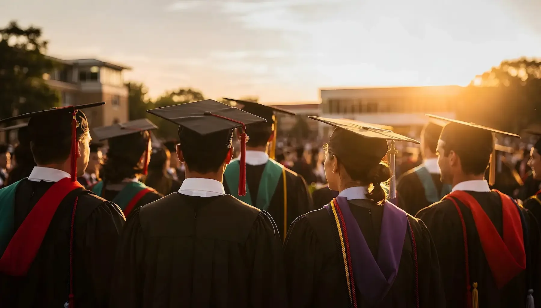 Étudiants en robe de graduation avec chapeaux, réunis lors d'une cérémonie de remise des diplômes au coucher du soleil.