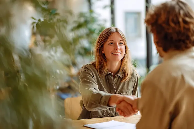 Deux personnes échangent une poignée de main lors d'un entretien ou d'une réunion dans un café ou un espace de coworking, avec une lumière naturelle et des plantes en arrière-plan.