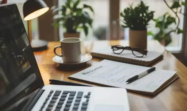 Espace de travail avec un ordinateur portable, une tasse de café, un cahier, des lunettes, une lampe, et deux plantes en pot sur une table en bois près d'une fenêtre.