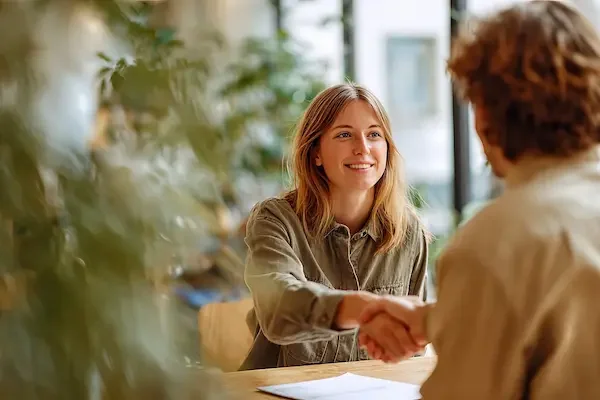 Deux personnes, une femme et une homme, se serrant la main lors d'une rencontre ou d'une interview dans un environnement intérieur lumineux.