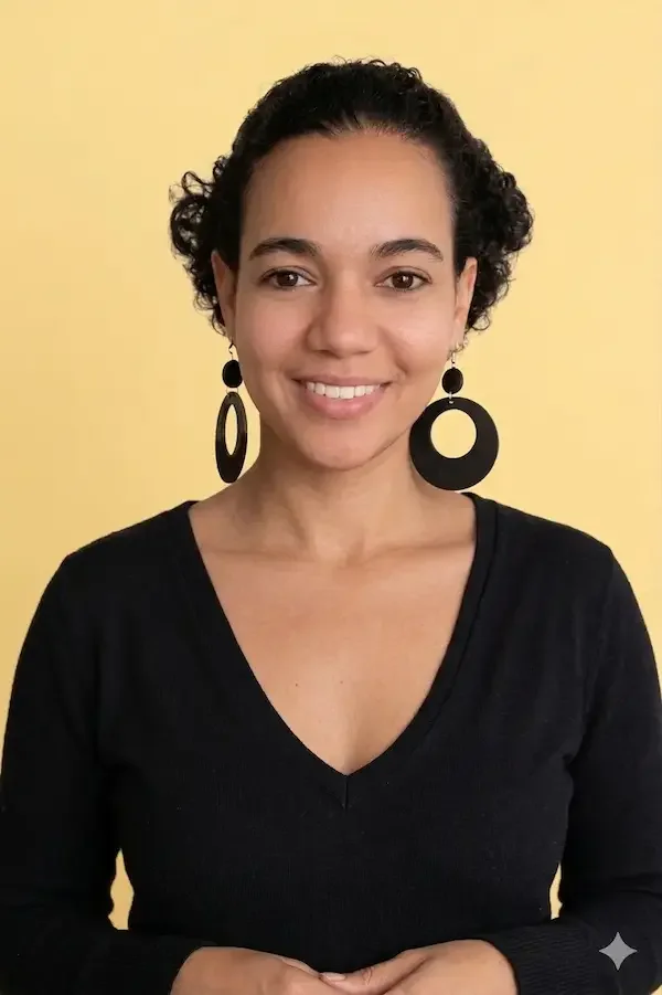 photo d'une consultante de Soleil Immigration  ; Femme avec boucle d'oreilles noires circular et V-neck noir, souriante, fond jaune