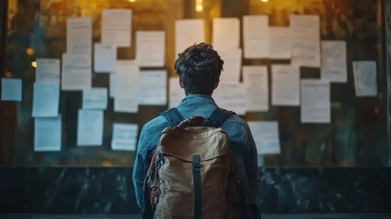 Un jeune homme avec un sac à dos regarde une vitrine remplie d'annonces ou d'affiches.