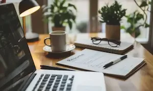 Bureau avec un ordinateur portable, une tasse, des lunettes, un carnet, un stylo et des plantes en pot près de la fenêtre