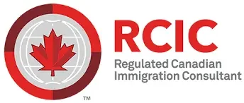 Logo de RCIC, consultant en immigration canadienne réglementé, avec une feuille d'érable rouge et une carte du Canada en arrière-plan.