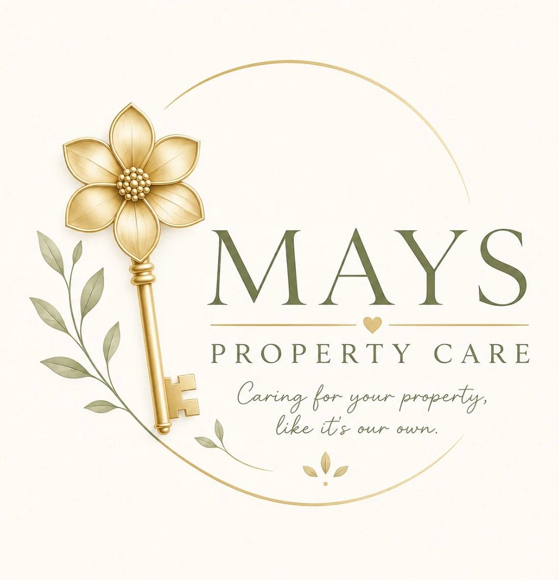 Logo for Mays Property Care with a gold key topped with a gold flower, green leaves, and elegant text reading 'Caring for your property like it's our own'.
