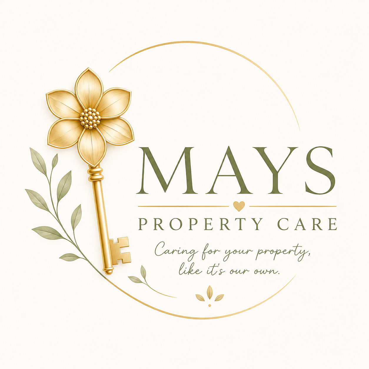 Logo for Mays Property Care with a gold flower-shaped key and green leaves, and the tagline 'Caring for your property like it’s ours.'