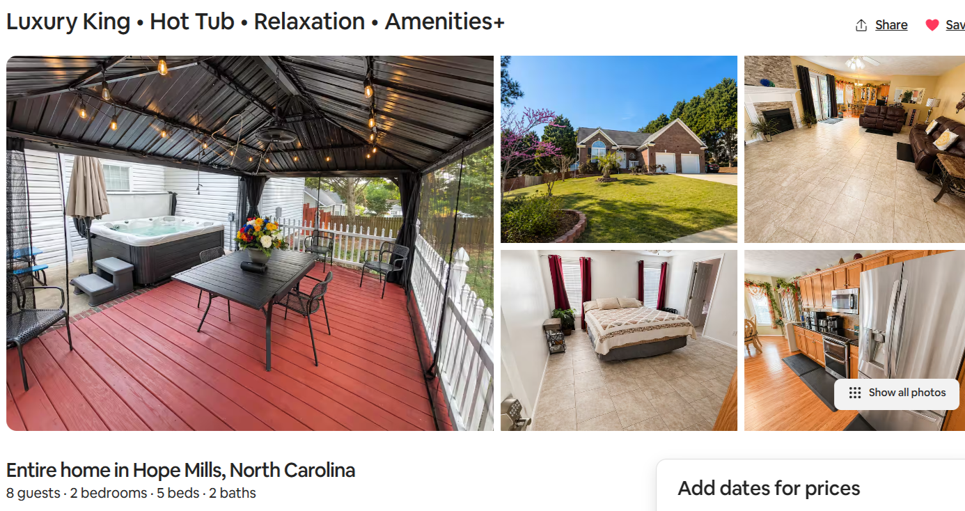 Photos of a rental home including an outdoor screened porch with hot tub and table, front yard with lawn, interior living room with sofa, bedroom with three windows and curtains, and kitchen with wooden cabinets and stainless steel appliances.