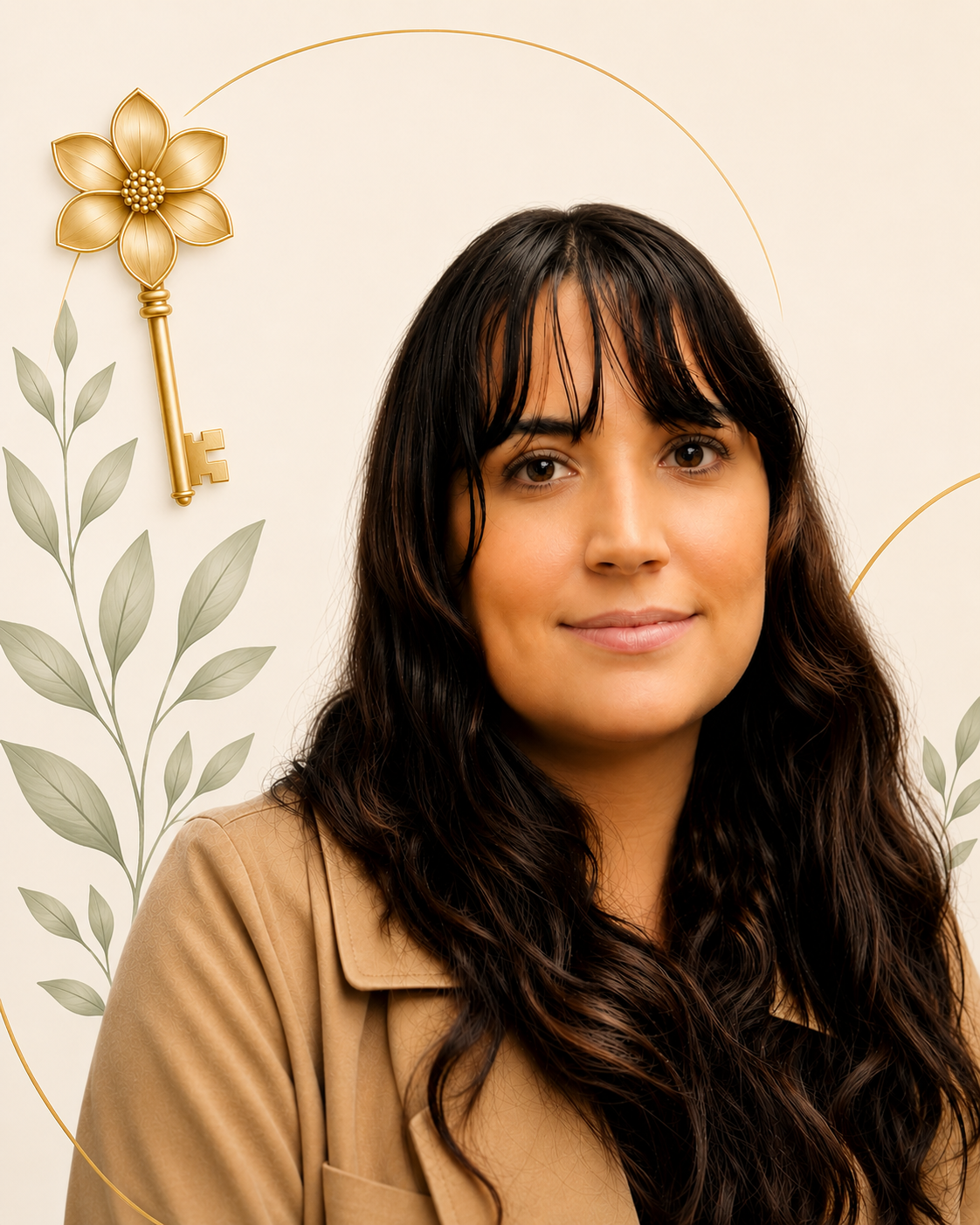 A woman with long dark hair and a tan blazer smiling in front of a decorative background featuring a gold key and botanical illustrations.