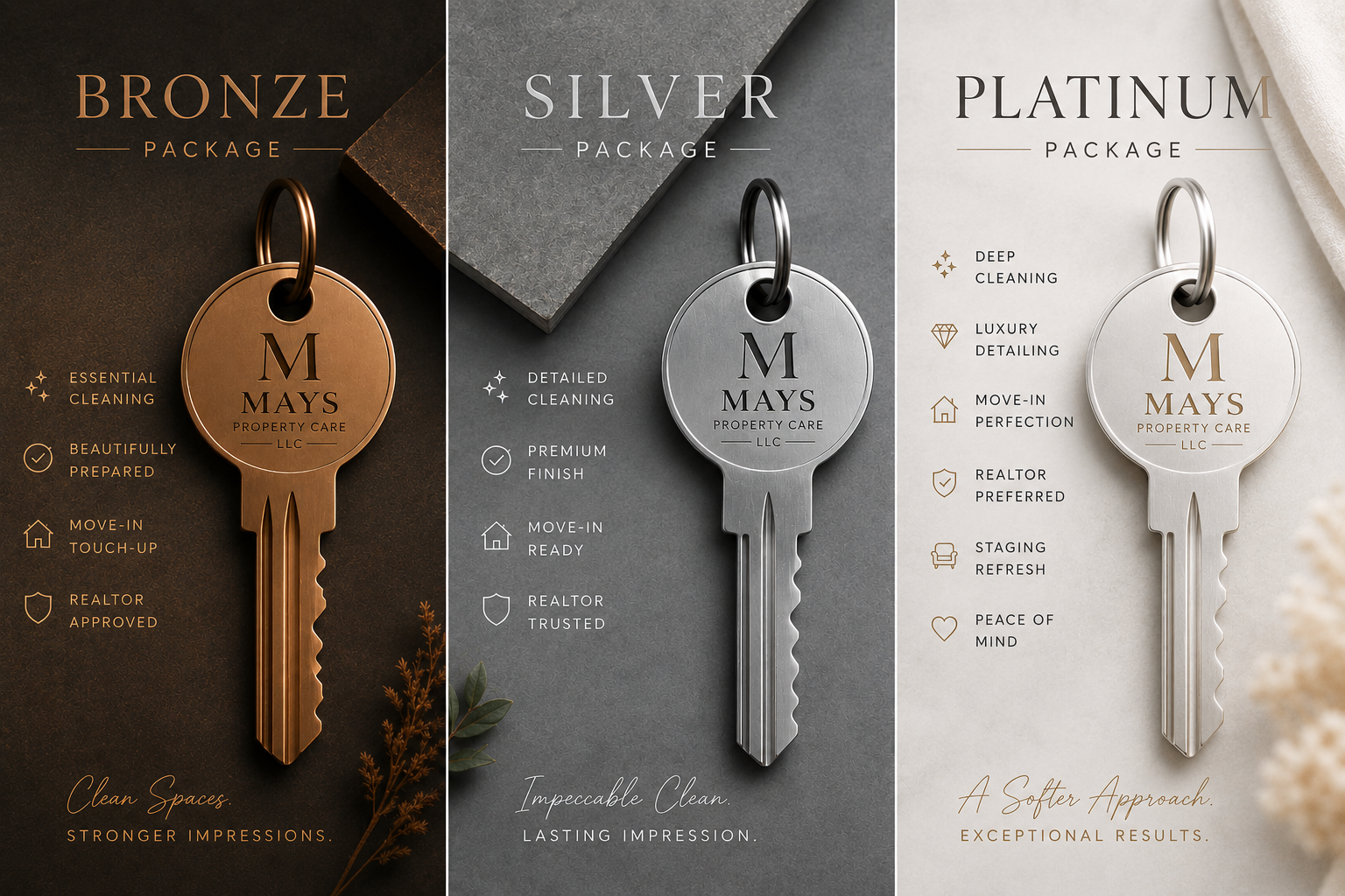 Comparison of three cleaning service packages: Bronze with a copper-colored key, Silver with a silver-colored key, and Platinum with a gold-colored key, each against different textured backgrounds.