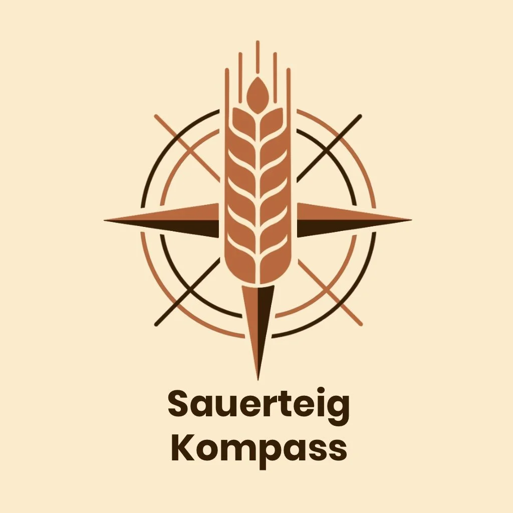 Ein Kompass mit einer Getreideähre in der Mitte, symbolisiert Orientierung und Getreide, mit dem Text 'Sauerteig Kompass' darunter.