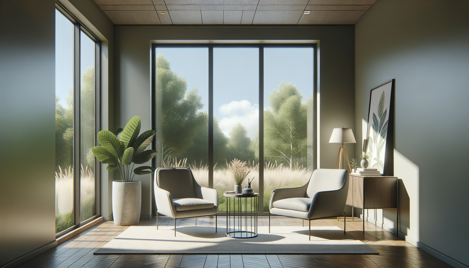 Modern living room with two gray armchairs, a small round coffee table, a large potted plant, a sideboard with a table lamp, framed artwork, and large windows showing an outdoor landscape with trees and blue sky.