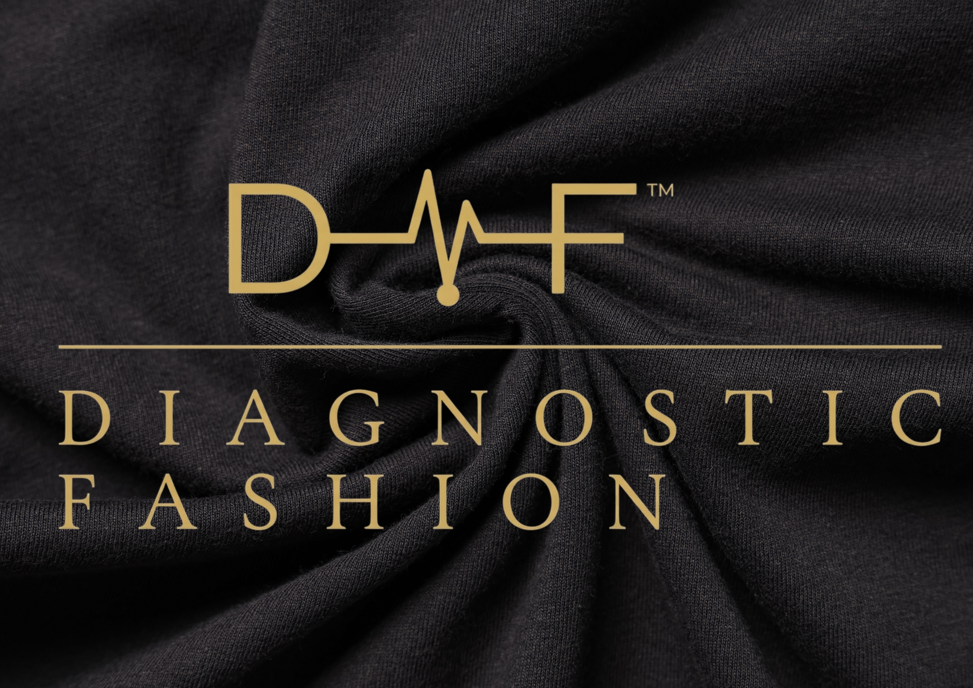 Design with a heartbeat line forming the letter D and the words 'Diagnostic Fashion' on a black fabric background.