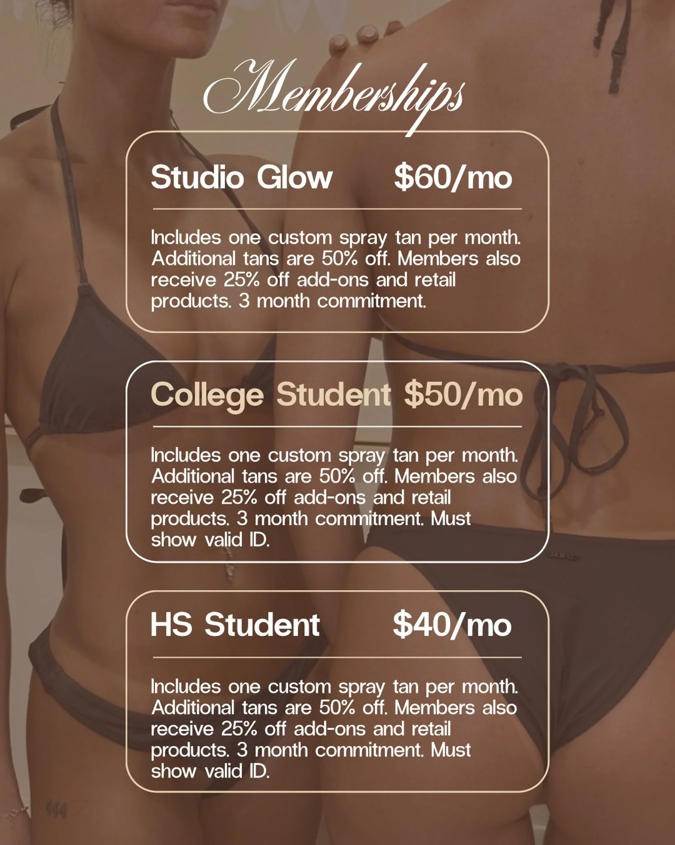 Stay glowing. Always. ✨

Monthly custom tans + exclusive member perks&mdash;this is your sign to commit to the glow.