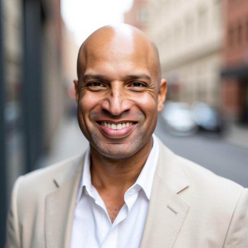 A smiling man with a bald head wearing a beige blazer and white shirt outdoors in an urban setting.
