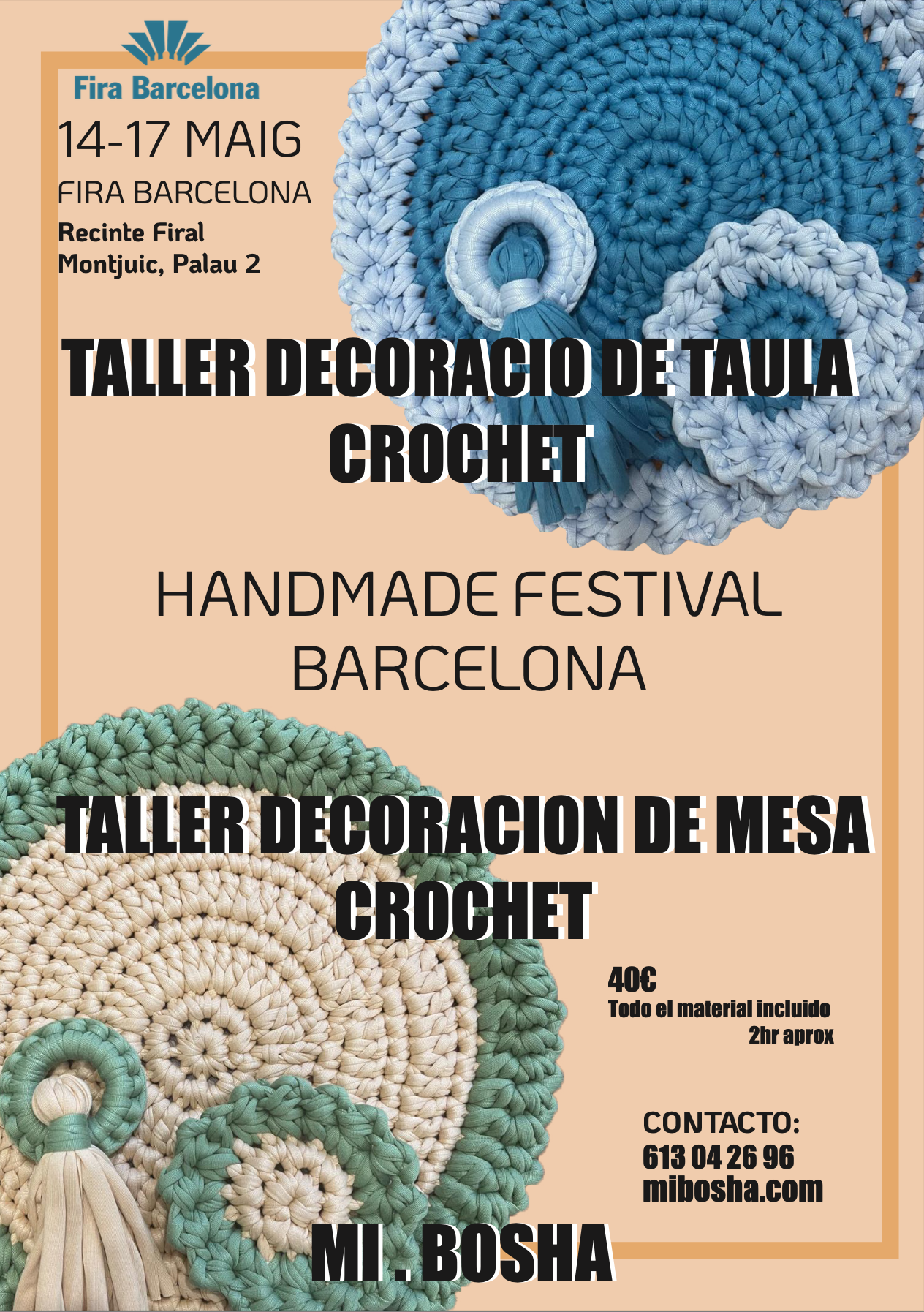 Cartel promocional de un taller de decoración de mesa y de objetos con crochet en Barcelona, con imágenes de makes de crochet y detalles del evento y contacto.