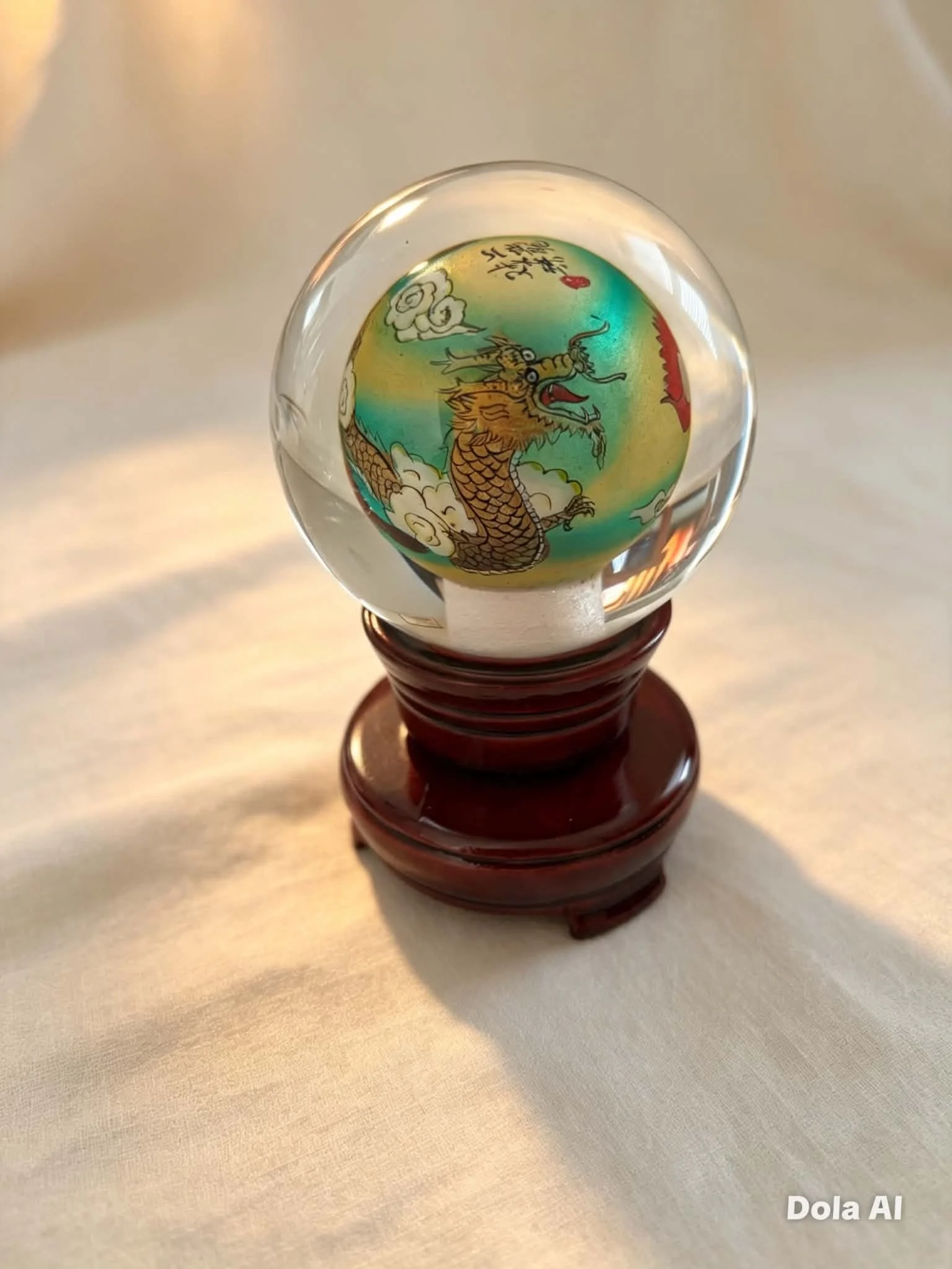 Reverse-Painted Crystal Globe - Chinese Dragon Motif with Revolving Stand - BOXED