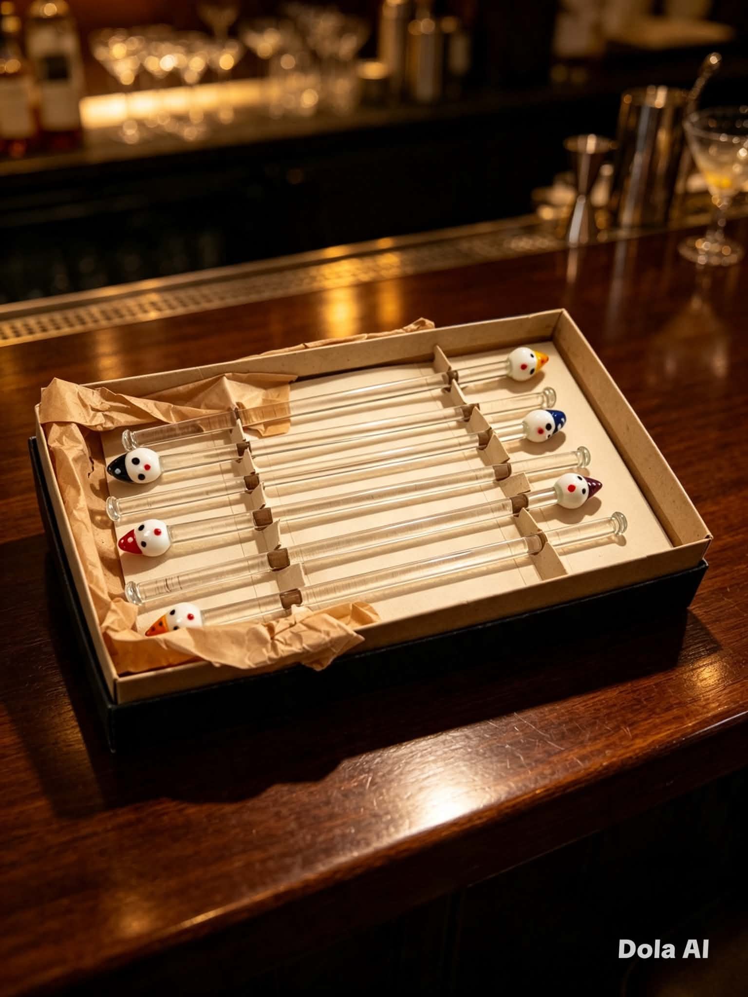 Vintage Boxed Set of 6 Glass Clown Head Cocktail Stirrers