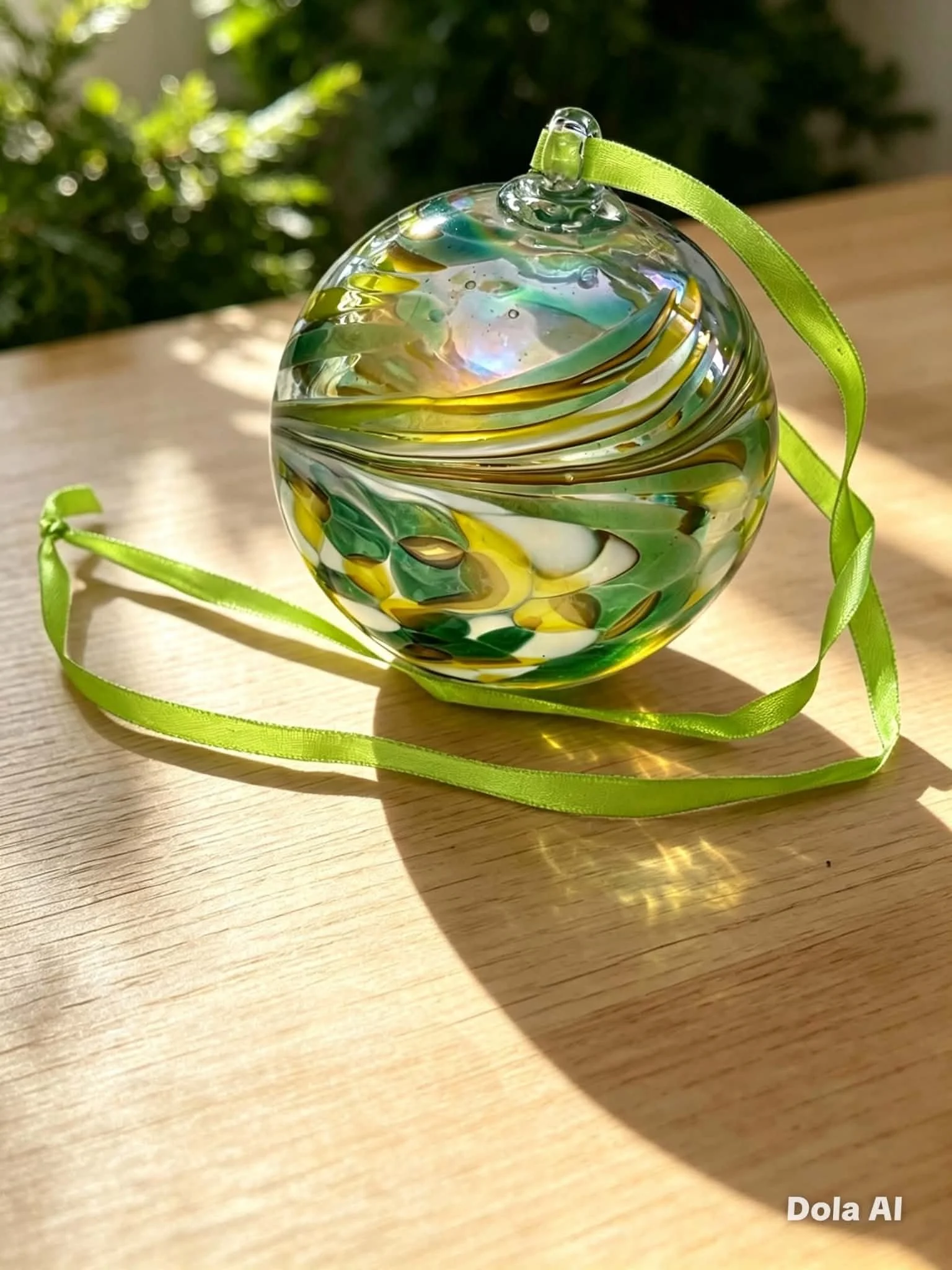 Hand-blown Green & Gold swirl Glass Bauble