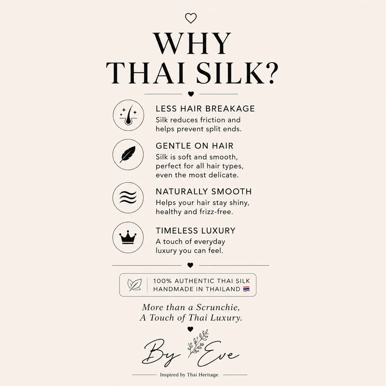 Warum Thai-Seide?

Die glatte Oberfl&auml;che reduziert Reibung und hilft dabei, Haarbruch zu vermeiden. 🤎

100% authentische Thai-Seide.
Handgefertigt in Thailand 🇹🇭

#ByEve
#ThaiSilk
#SilkScrunchie
#LuxuryHairAccessories
#HandmadeInThailand