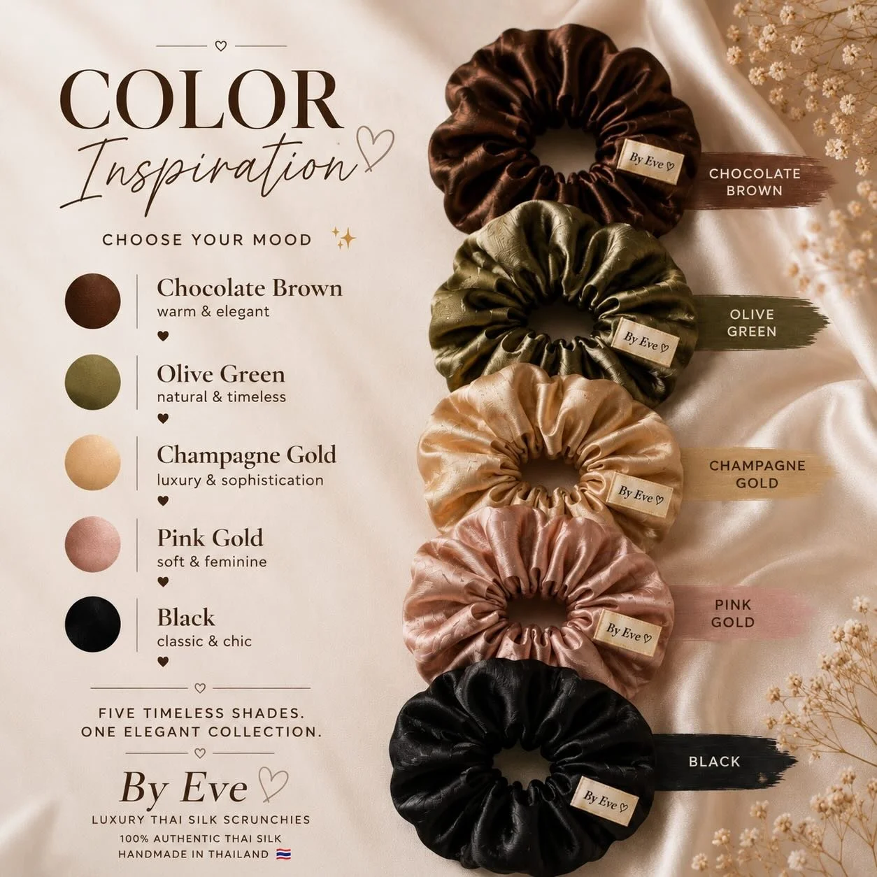 Color Inspiration 🤎

The shades selected for the first By Eve collection.

Inspired by authentic Thai silk and timeless elegance.

Colors may vary slightly depending on lighting and fabric texture.

#ByEve  #ThaiSilk #SilkScrunchie #HandmadeInThaila