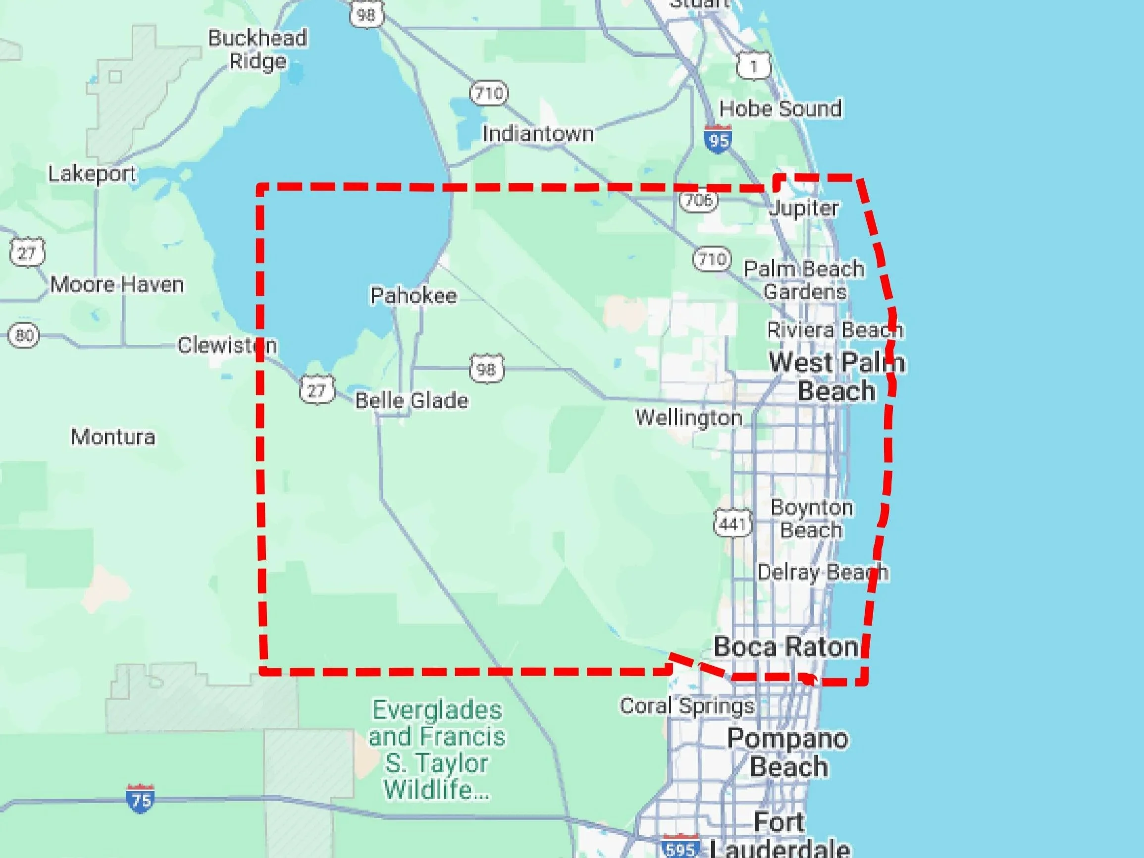 Map of South Florida with a red dashed boundary encompassing West Palm Beach, Boca Raton, Pompano Beach, and Lake Worth, showing nearby cities and highways.