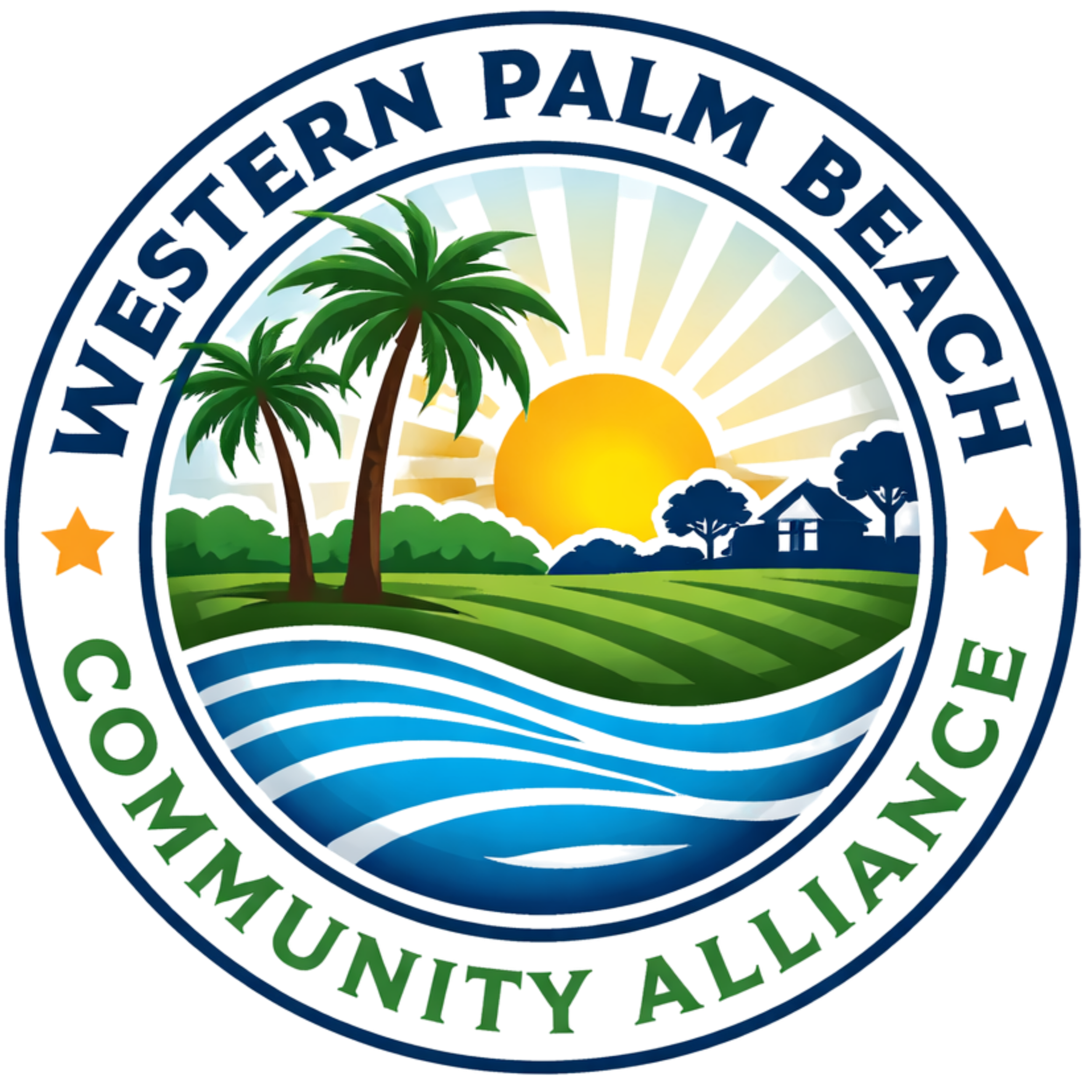 Official emblem of the city of Palm Beach, featuring a sunset over water, two palm trees, and surrounding text.