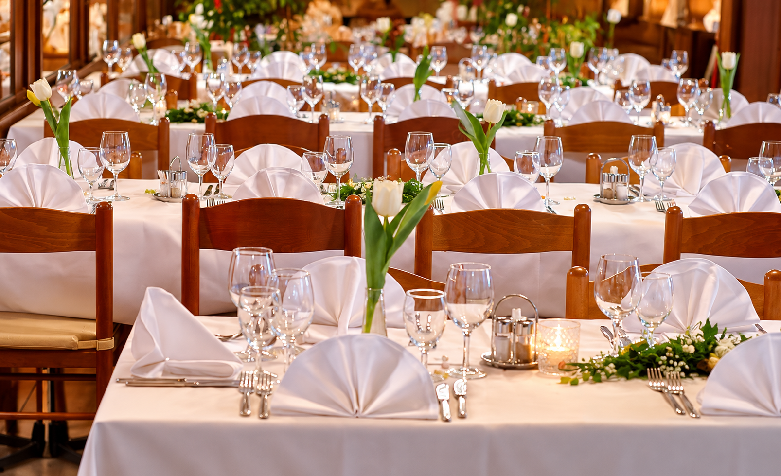Elegant eingedeckter Festsaal mit weißen Tischdecken, weißen Stoffservietten, roten Holztischen und Stühlen, weißen Tulpen in Gläsern, Kerzen und Blumenarrangements, bereit für eine Feier oder Hochzeit.
