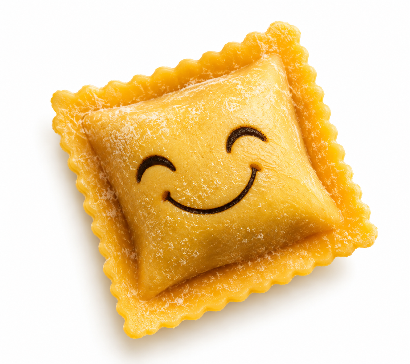 Frischer, detailreicher Ravioli mit lachendem Gesicht, auf weißem Hintergrund.