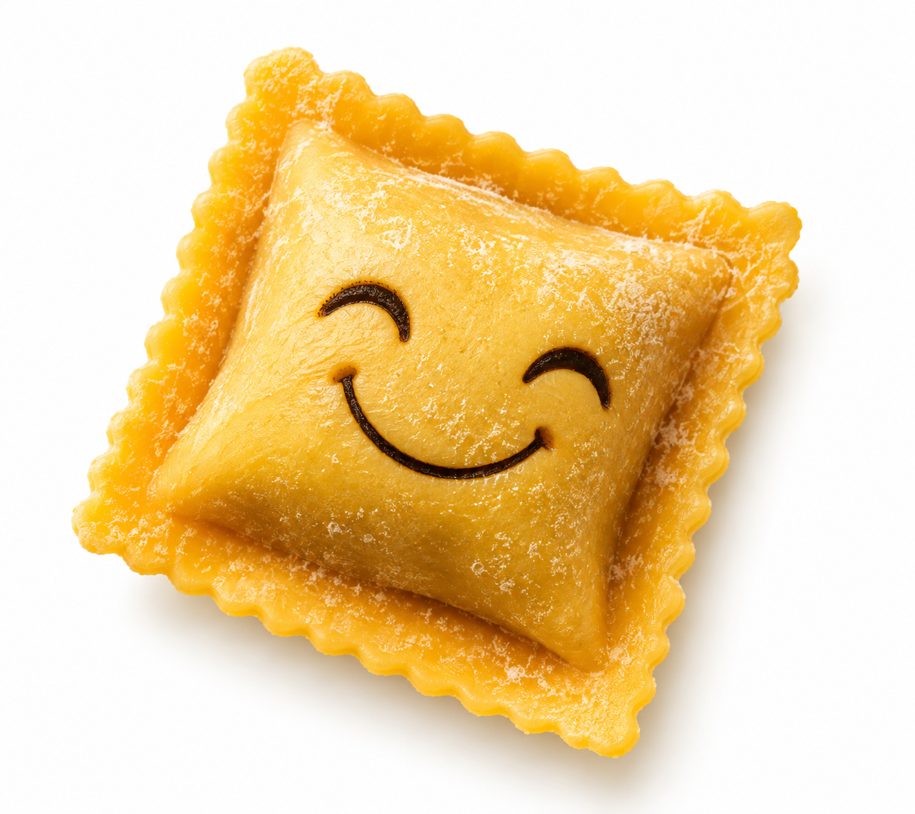 Tortellini mit Smileymotiv auf weißem Hintergrund.