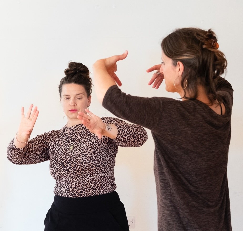 Two women are engaged in an expressive conversation or dance, with one woman facing the camera and the other with her back turned. The woman facing the camera has her hands raised and eyes closed, wearing a leopard print top. The woman with her back turned is gesturing with her hands, wearing a dark long-sleeve top, and has curly hair.
