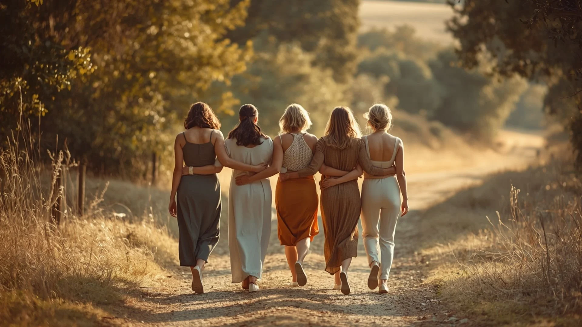 Five women walk arm-in-arm together - women's retreat 