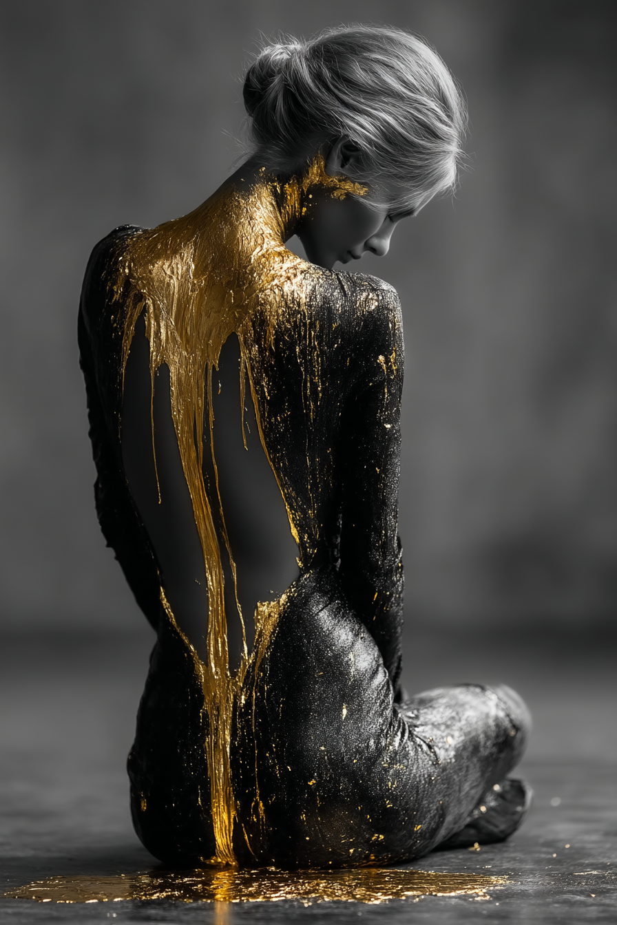 A woman with short blonde hair, sitting with her back to the camera, covered in black and gold paint, with her head bowed and eyes closed.