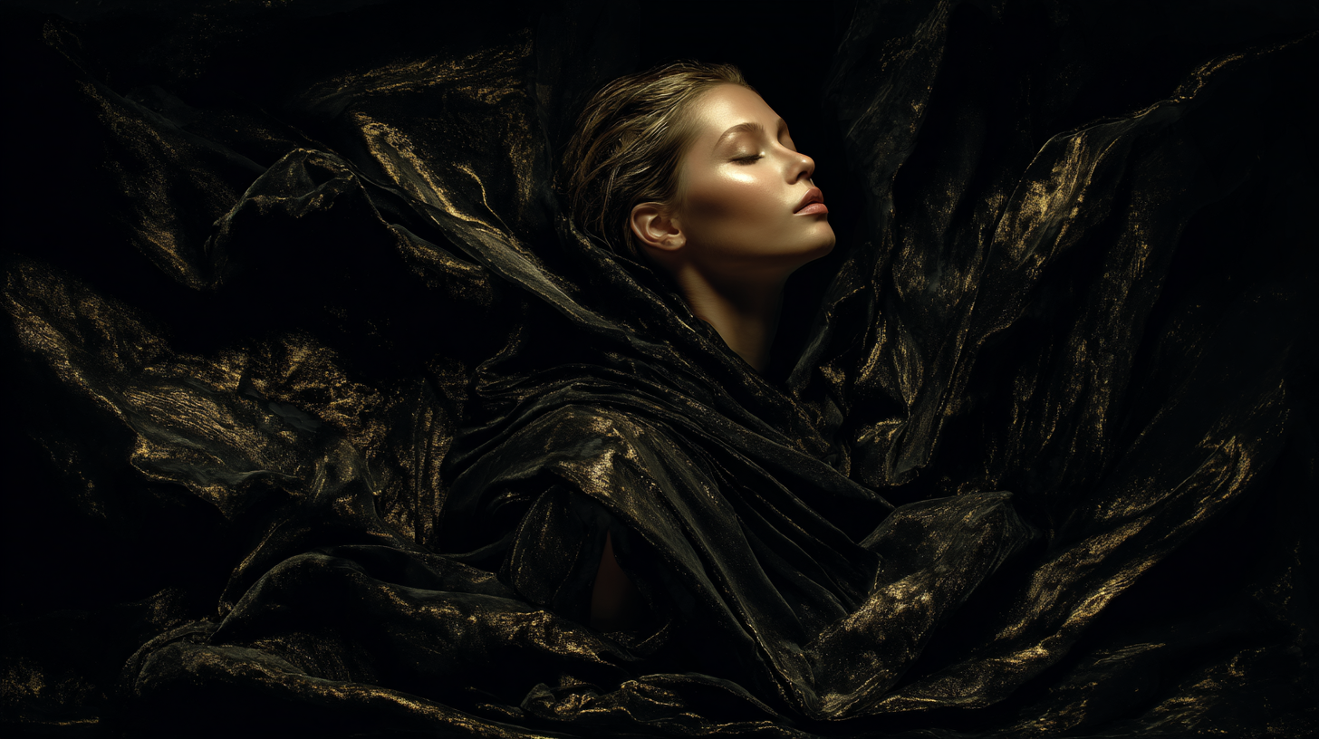 A woman with closed eyes and glowing skin, surrounded by black fabric with gold accents.