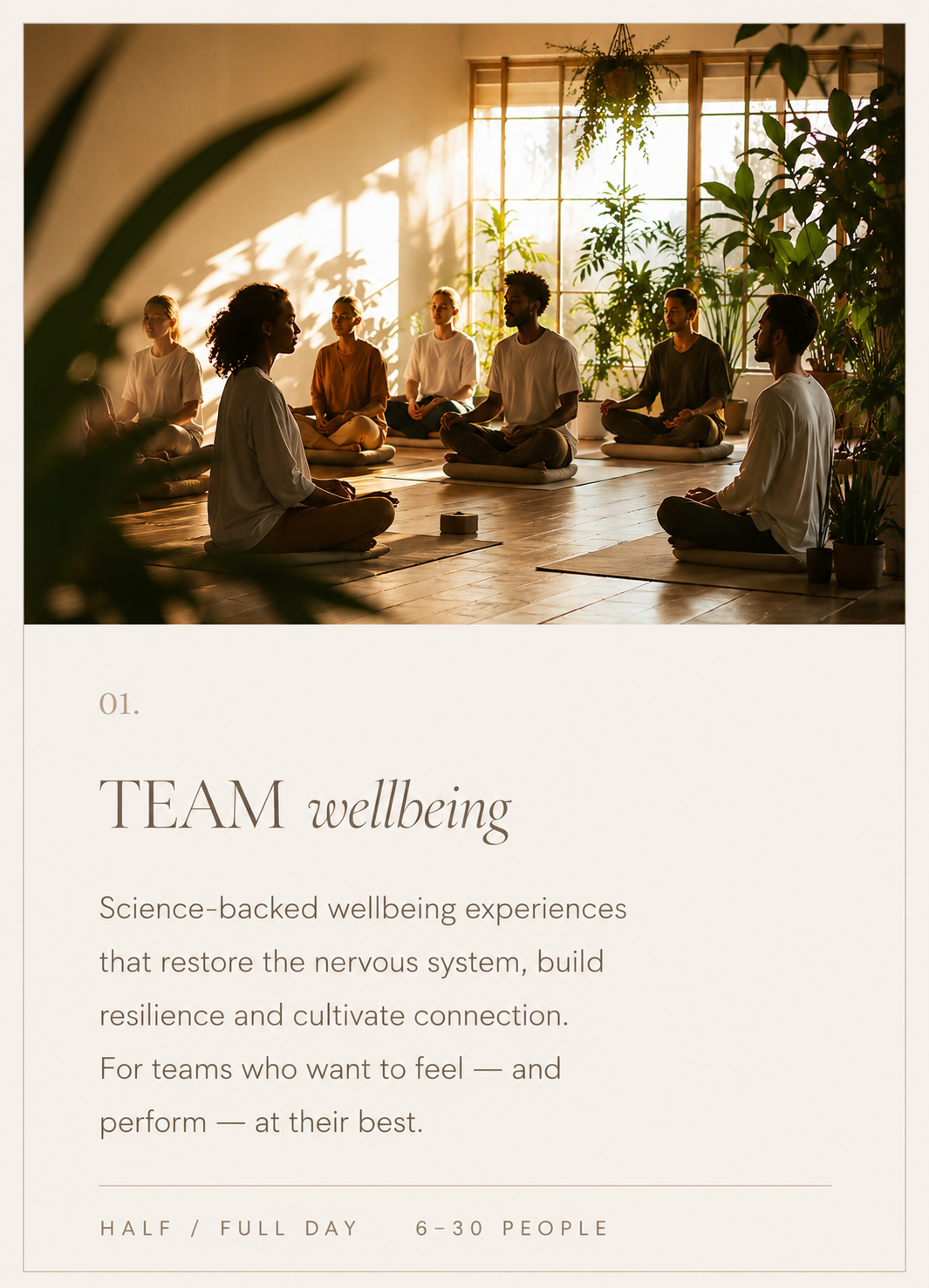 Group of diverse people practicing meditation in a bright, plant-filled room with large windows, sitting cross-legged on mats.