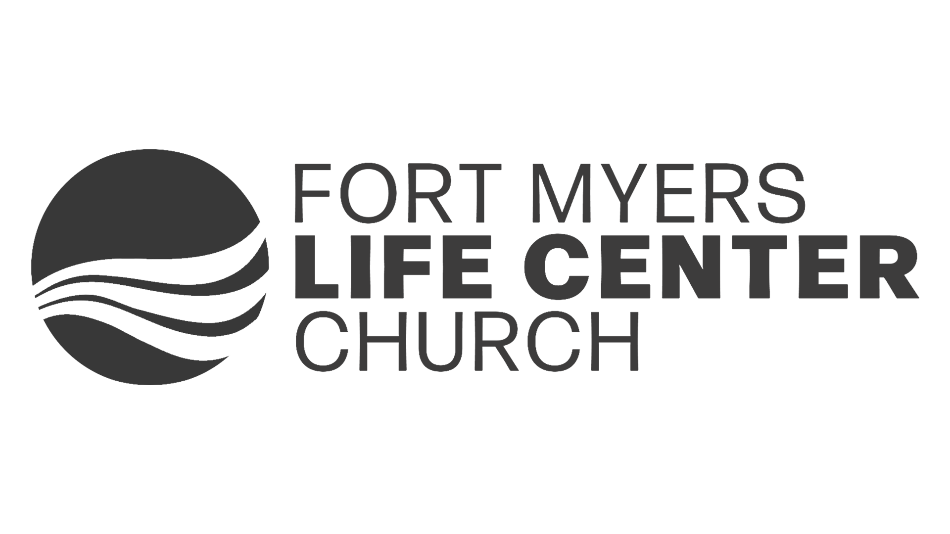 Logo of Fort Myers Life Center Church featuring a circular icon with layered wave shapes and the church's name.