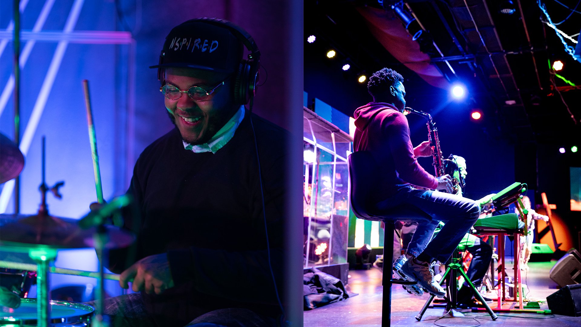Left side: a smiling man wearing glasses, headphones, a black shirt, and a cap that says 'INSPIR BYED', playing drums in a colorful, neon-lit setting. Right side: a man in a red hoodie, sitting on a stool on stage, playing a saxophone with stage lights and musicians in the background.